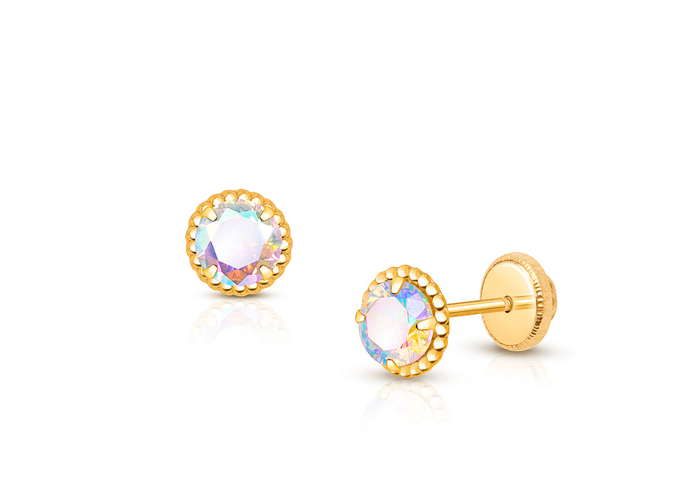 Gia™ Enchanted Light, Opalescent CZ Teen’s Earrings, Screw Back – 14K Gold