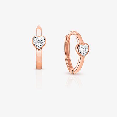 True Love, Clear CZ Heart Baby/Children’s Huggie Hoop Earrings – 14K Rose Gold