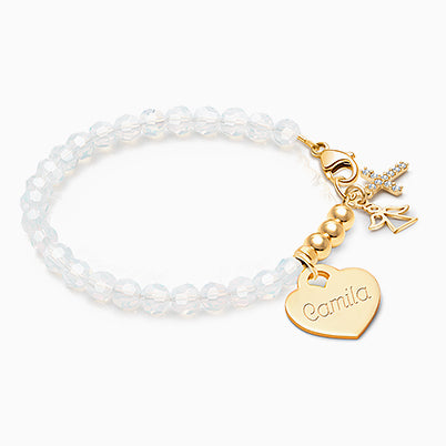 tB® Signature Crystal™ White Opal, Christening/Baptism Baby/Children’s Beaded Bracelet for Girls (INCLUDES Engraved Charm) – 14K Gold