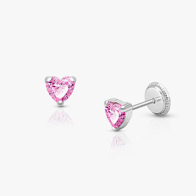 Heart Studs, 4mm Clear CZ Christening/Baptism Baby/Children’s Earrings, Screw Back – 14K Rose Gold