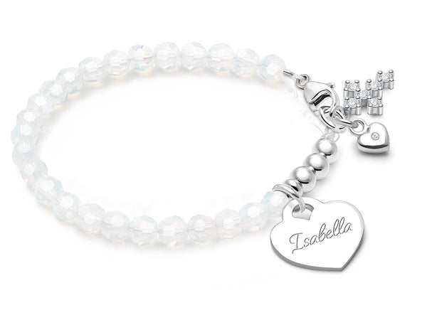 tB® Signature Crystal™ White Opal, First Holy Communion Beaded Bracelet for Girls (INCLUDES Engraved Charm) – Sterling Silver