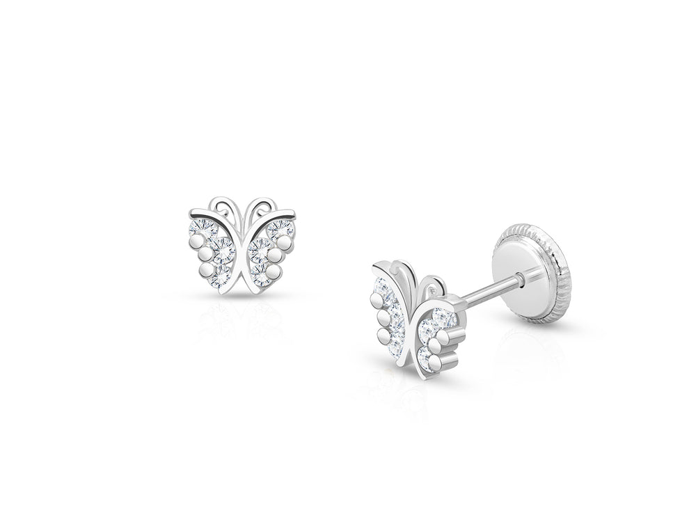 Curly Butterfly, Clear Pavé CZ Baby/Children’s Earrings, Screw Back – 14K White Gold