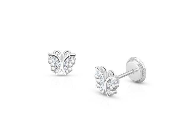 Curly Butterfly, Clear Pavé CZ Baby/Children’s Earrings, Screw Back – 14K White Gold