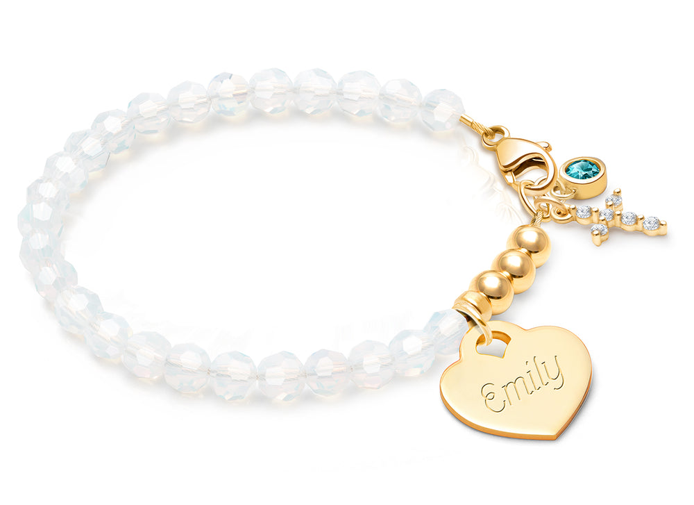 tB® Signature Crystal™ White Opal, First Holy Communion Beaded Bracelet for Girls (INCLUDES Engraved Charm) – 14K Gold