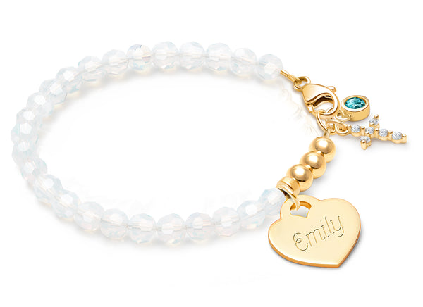 tB® Signature Crystal™ White Opal, First Holy Communion Beaded Bracelet for Girls (INCLUDES Engraved Charm) – 14K Gold