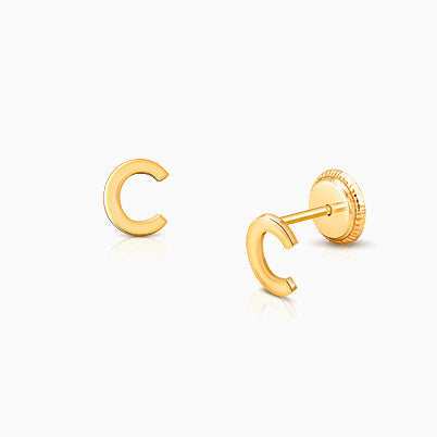 ‘C’ Initial Studs Personalized Baby/Children’s Earrings, Screw Back – 14K Gold