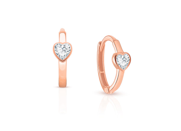 True Love, Clear CZ Heart Baby/Children’s Huggie Hoop Earrings – 14K Rose Gold