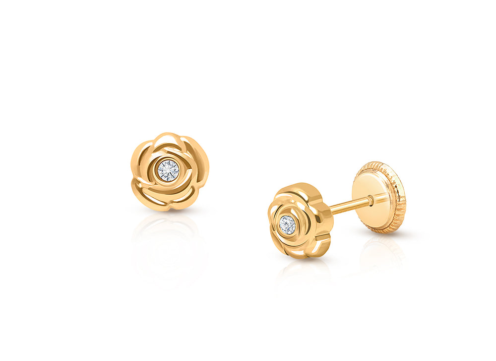 Blushing Rose, Clear CZ Studs Teen’s Earrings, Screw Back – 14K Gold