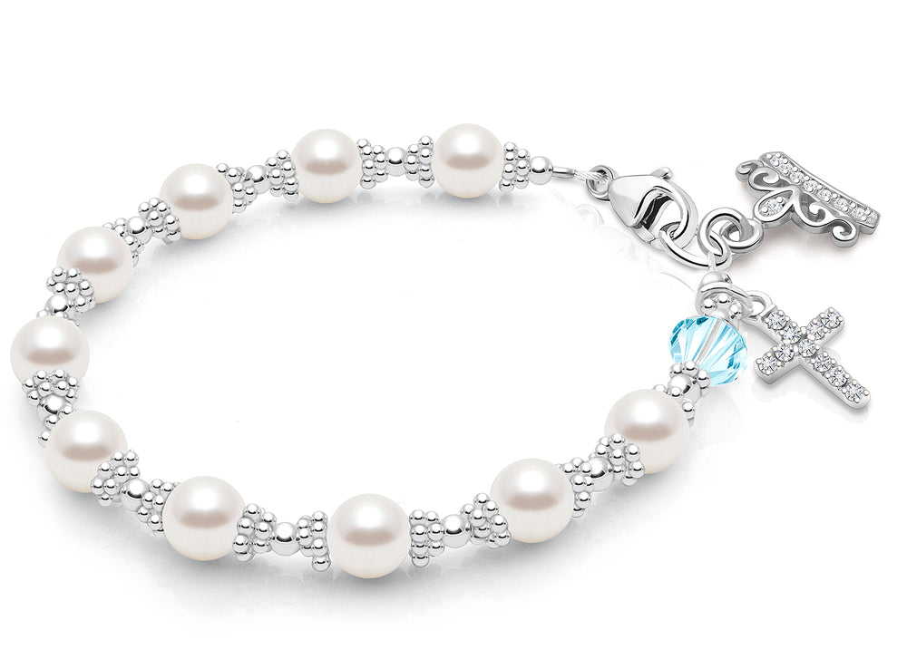 Prayerful Pearls, First Holy Communion Rosary Bracelet for Girls – Sterling Silver