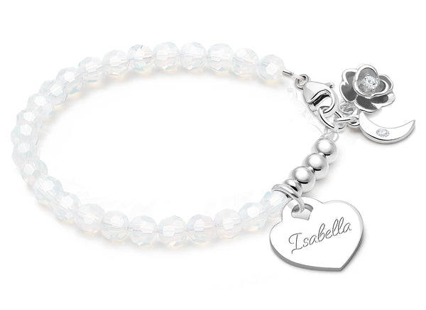 tB® Signature Crystal™ White Opal, Teen’s Beaded Bracelet for Girls (INCLUDES Engraved Charm) – Sterling Silver