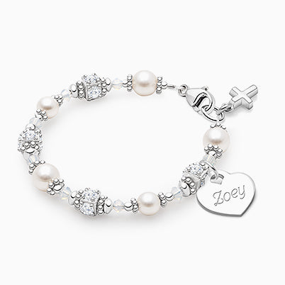 Crowned in Heaven, Christening/Baptism Baby/Children’s Beaded Bracelet for Girls (INCLUDES Engraved Charm) – Sterling Silver