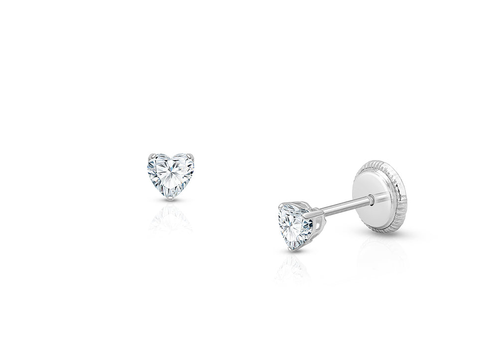 Teeny Tiny Heart Studs, 3mm Clear CZ Christening/Baptism Baby/Children’s Earrings, Screw Back – 14K White Gold