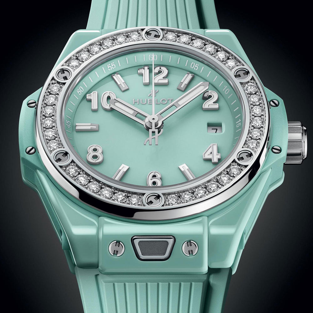 Unworn Big Bang One Click Mint Green Ceramic Diamonds 33, 485.GS.5271.RX.1204, box and papers