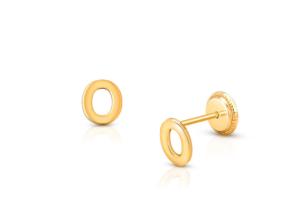 ‘O’ Initial Studs Personalized Baby/Children’s Earrings, Screw Back – 14K Gold