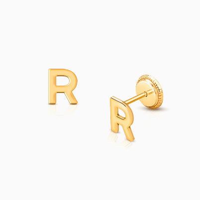 ‘R’ Initial Studs Personalized Baby/Children’s Earrings, Screw Back – 14K Gold