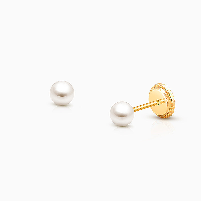 3mm Pearl Studs, Christening/Baptism Baby/Children’s Earrings, Screw Back – 14K Gold