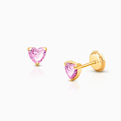 Heart Studs, 4mm Clear CZ Christening/Baptism Baby/Children’s Earrings, Screw Back – 14K Rose Gold