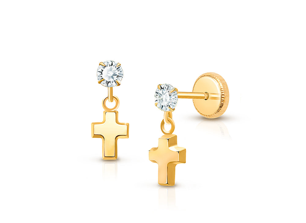 Simple Cross Dangle, Clear CZ Baby/Children’s Earrings, Screw Back – 14K Gold