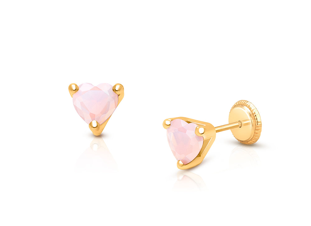 Gia™ Simple Heart Studs, 5mm Pink Opal CZ Baby/Children’s Earrings, Screw Back – 14K Gold