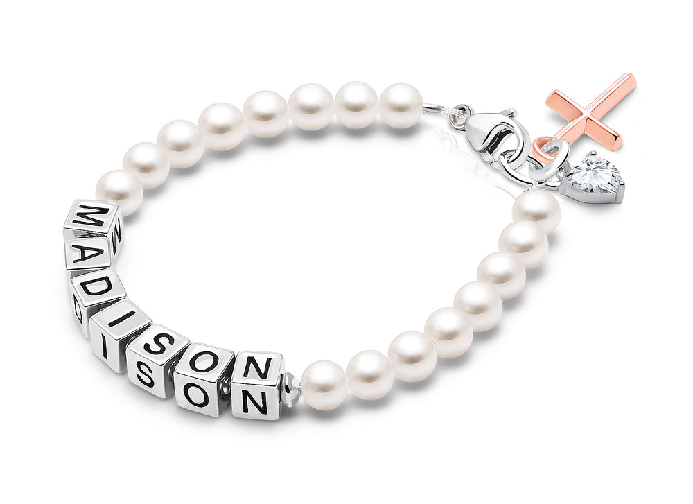 4mm Cultured Pearls, First Holy Communion Name Bracelet for Girls – Sterling Silver