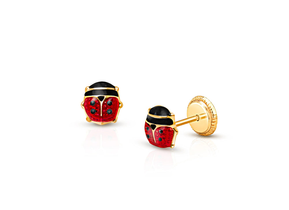 Lil’ Ladybug, Red Enamel, Baby/Children’s Earrings, Screw Back – 14K Gold