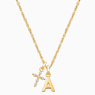 Modern Initial, Communion Personalized Children’s Necklace for Girls (Includes Religious Charm) – 14K Gold