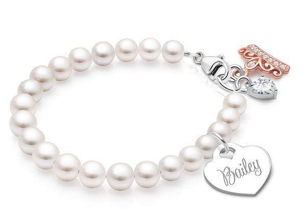 5mm Cultured Pearls, Baby/Children’s Beaded Bracelet for Girls (INCLUDES Engraved Charm) – Sterling Silver