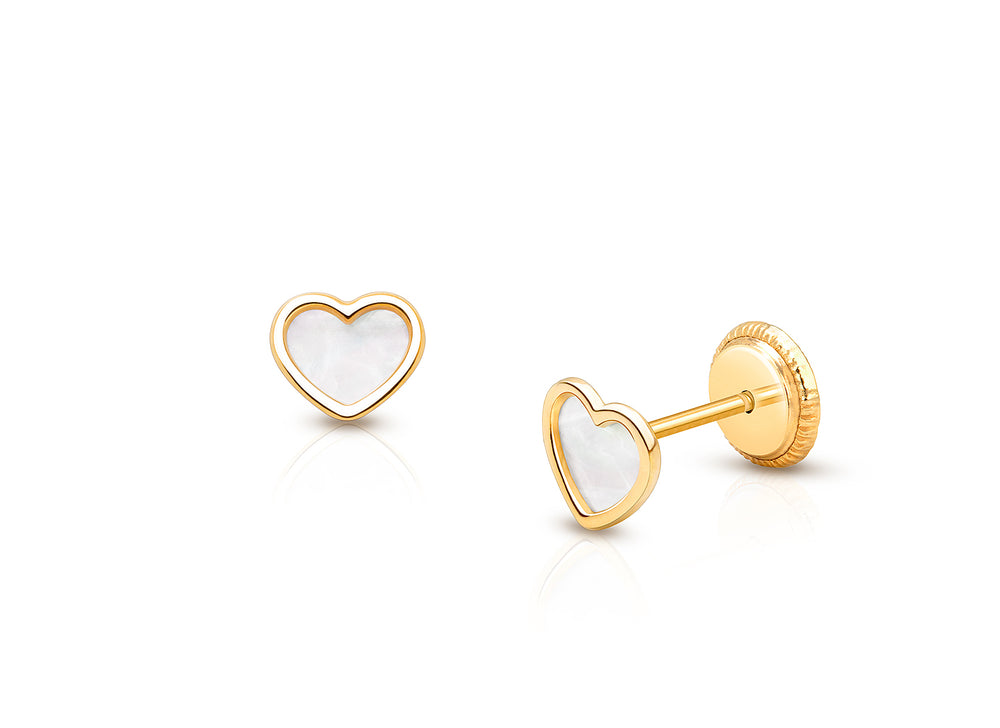 Gia™ Genuine Love, Mother of Pearl Heart Baby/Children’s Earrings, Screw Back – 14K Gold