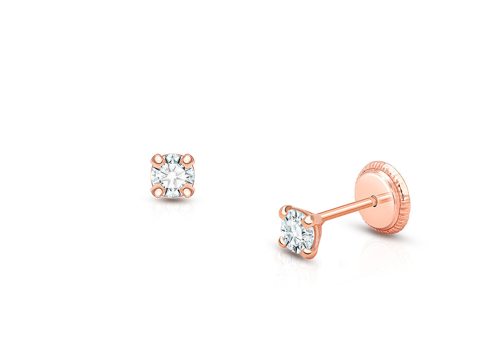 3mm CZ Round Studs, Christening/Baptism Baby/Children’s Earrings, Screw Back – 14K Rose Gold