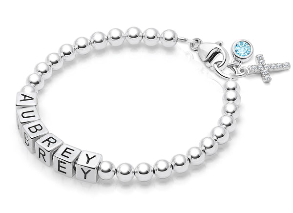 4mm Tiny Blessings Beads, Christening/Baptism Baby/Children’s Name Bracelet for Girls – Sterling Silver