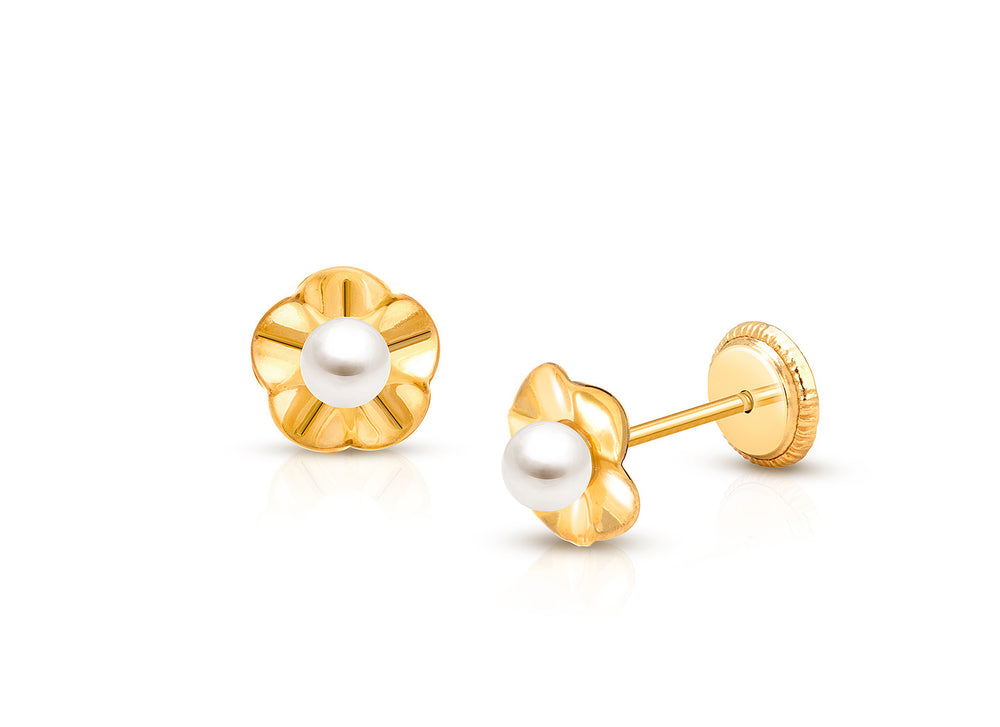 Ruffled Petals with Pearl, Teen’s Earrings, Screw Back – 14K Gold
