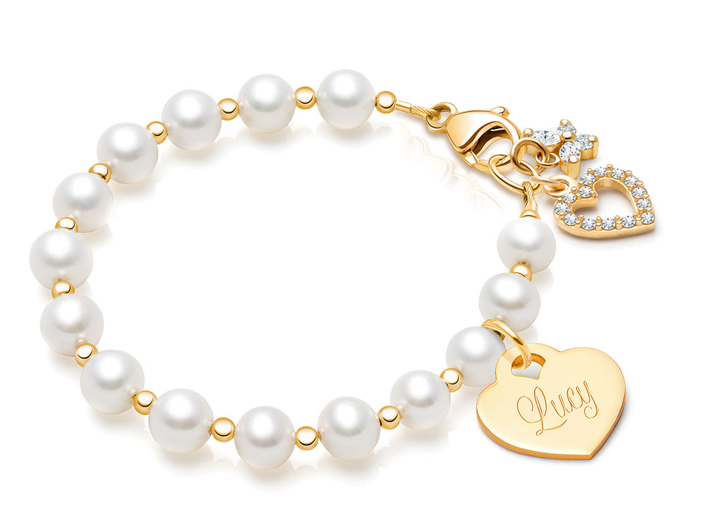 Timeless Pearls, Baby/Children’s Beaded Bracelet for Girls (INCLUDES Engraved Charm) – 14K Gold
