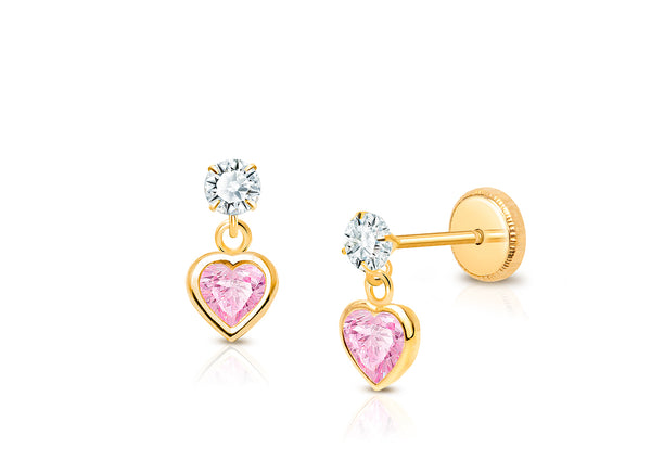 Fearless Heart Dangle, Pink/Clear CZ Teen’s Earrings, Screw Back – 14K Gold
