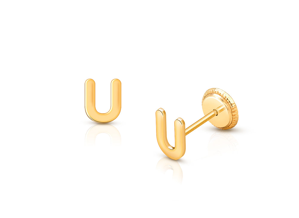 ‘U’ Initial Studs Personalized Baby/Children’s Earrings, Screw Back – 14K Gold