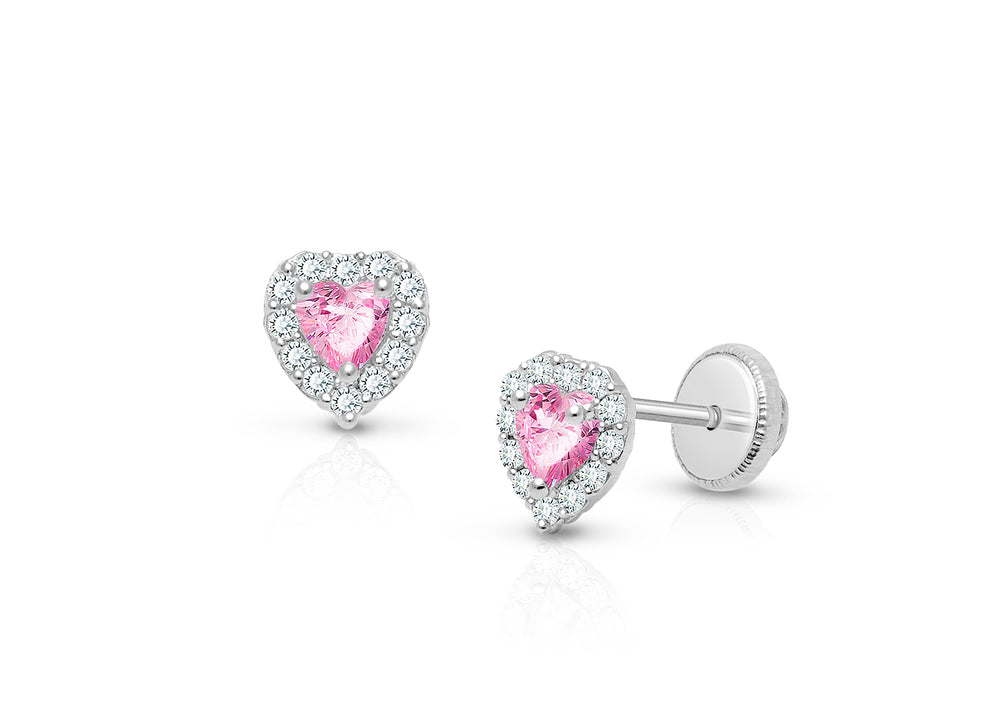 Blissful Heart, Pink/Clear CZ Baby/Children’s Earrings, Screw Back – 14K White Gold