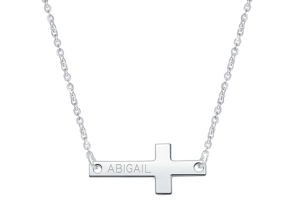 Small Sideways Cross Bar, Engraved Teen’s Necklace for Girls (FREE Personalization) – Sterling Silver
