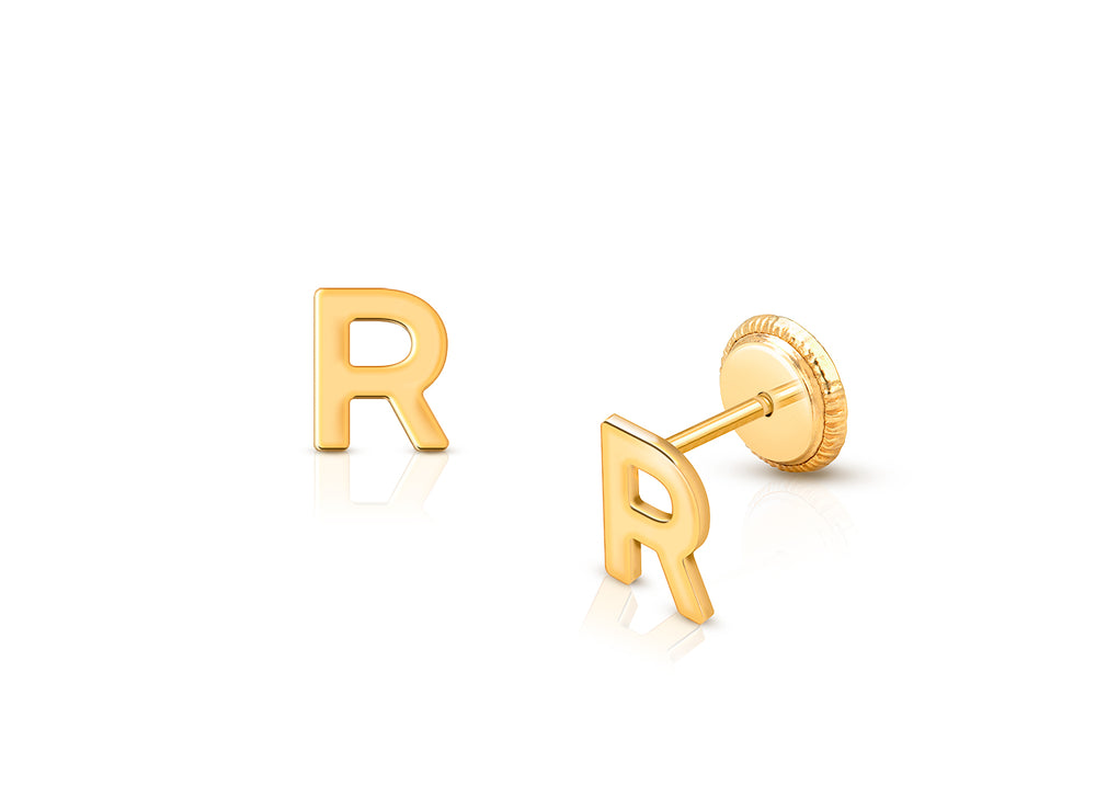 ‘R’ Initial Studs Personalized Baby/Children’s Earrings, Screw Back – 14K Gold