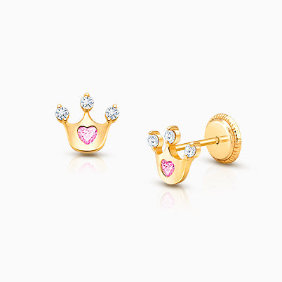 Blissful Heart, Pink/Clear CZ Baby/Children’s Earrings, Screw Back – 14K Gold