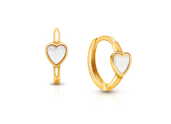 Genuine Heart, Mother of Pearl, First Holy Communion Children’s Huggie Hoop Earrings – 14K Gold