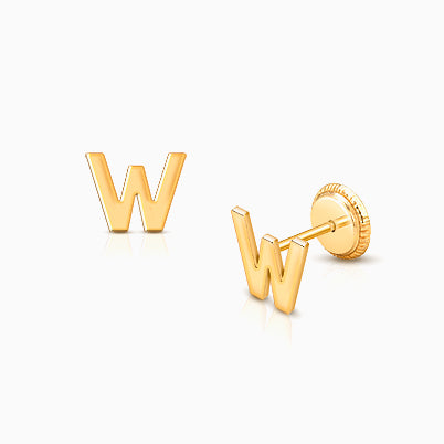 ‘W’ Initial Studs Personalized Baby/Children’s Earrings, Screw Back – 14K Gold
