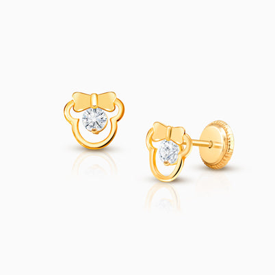 Girl Mouse with Bow, Baby/Children’s Earrings, Screw Back, Clear CZ – 14K White Gold