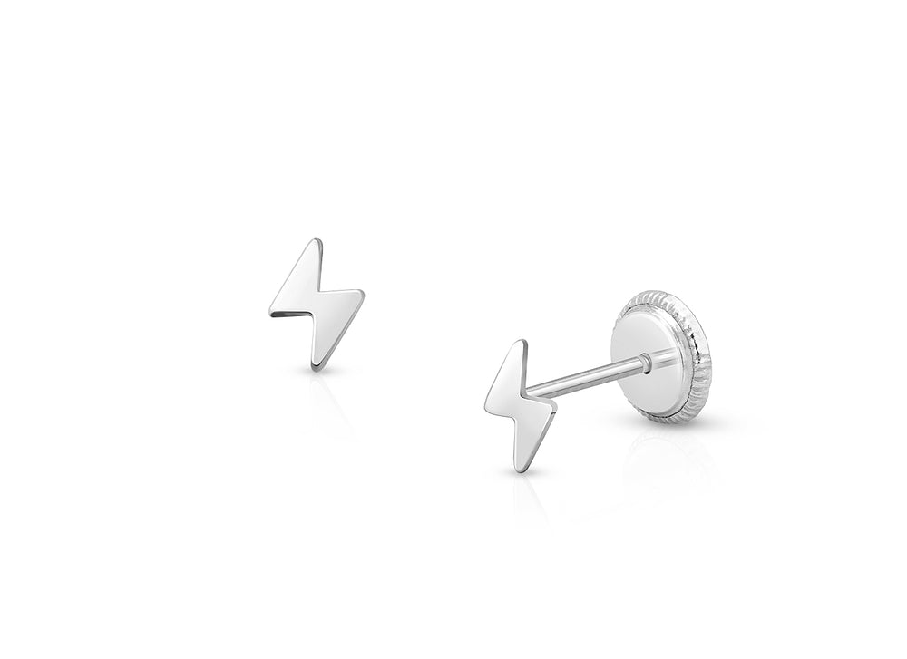 Lightning Bolt, Teen’s Earrings, Screw Back – 14K White Gold