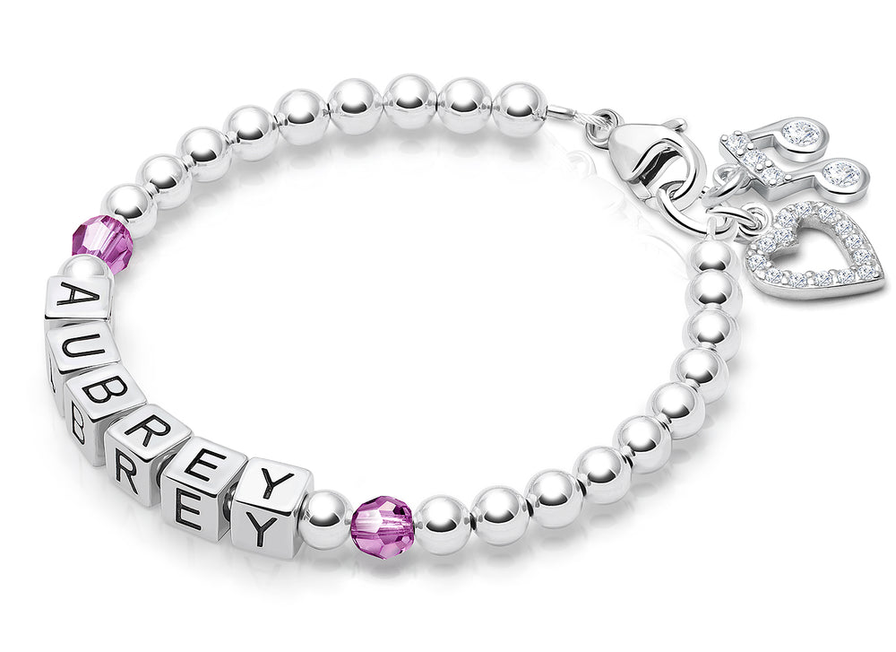 Tiny Blessings Birthstone, Baby/Children’s Name Bracelet for Girls – Sterling Silver