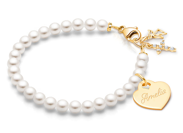 4mm Cultured Pearls, Christening/Baptism Baby/Children’s Beaded Bracelet for Girls (INCLUDES Engraved Charm) – 14K Gold