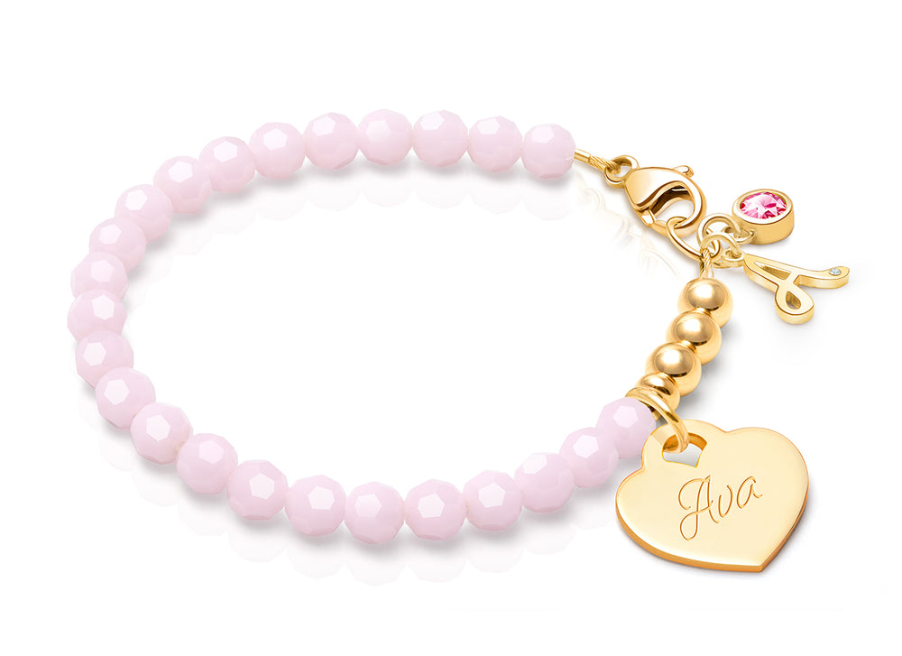 tB® Signature Crystal™ Sweet Pink, Baby/Children’s Beaded Bracelet for Girls (INCLUDES Engraved Charm) – 14K Gold