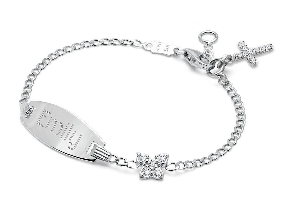 Pavé Butterfly, Christening/Baptism Baby/Children’s Engraved ID Bracelet for Girls – 14K White Gold