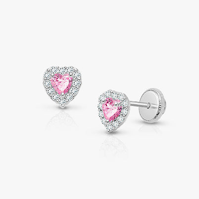 True Love, Pink CZ Heart Baby/Children’s Huggie Hoop Earrings – 14K White Gold