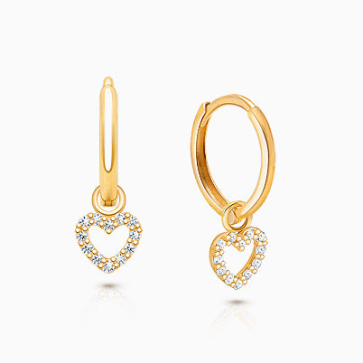 11mm Classic Huggie Hoops with Pavé Heart Dangle, Baby/Children’s Earrings – 14K Gold