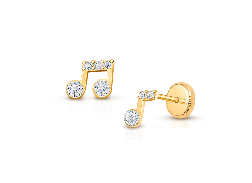 Magical Music Notes, Clear CZ Baby/Children’s Earrings, Screw Back – 14K Gold