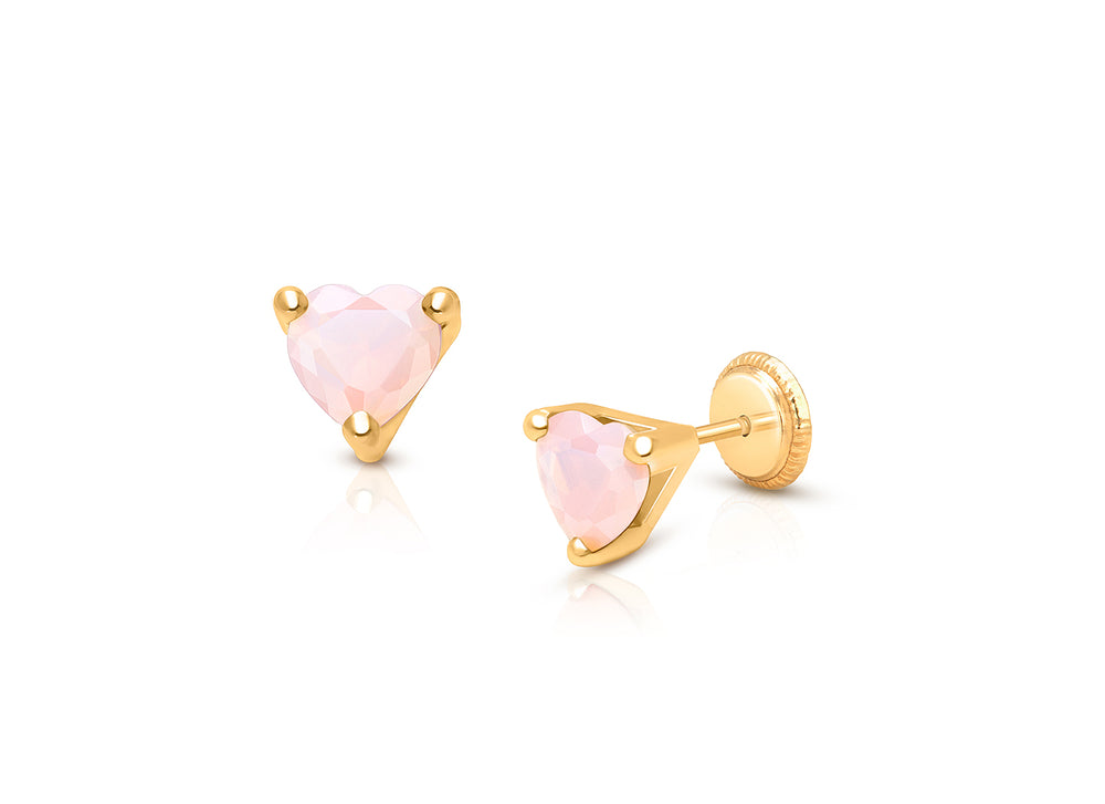 Gia™ Simple Heart Studs, 5mm Pink Opal CZ Teen’s Earrings, Screw Back – 14K Gold